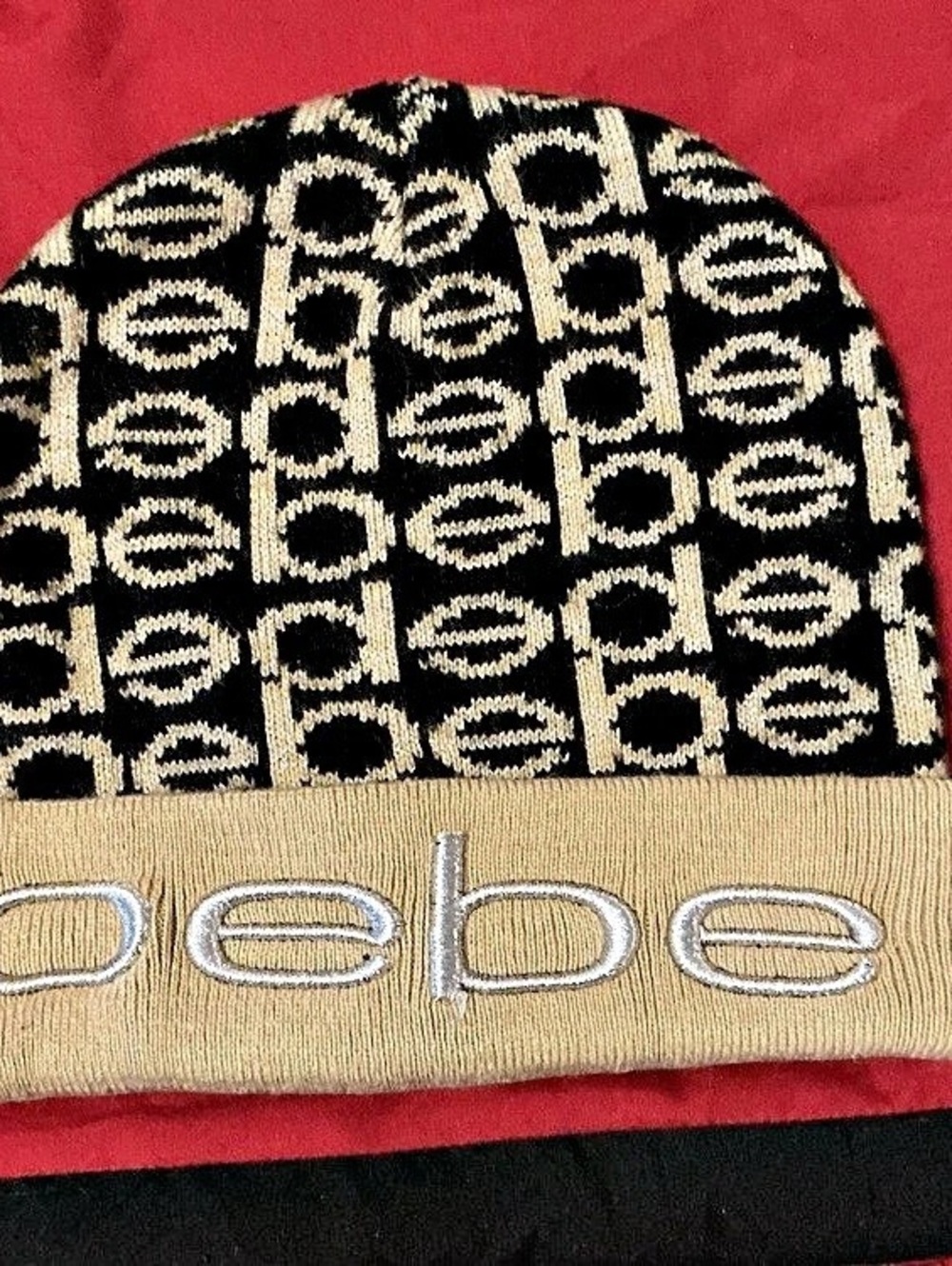 bebe Geometric Knit Beanie in Black & Beige Like New